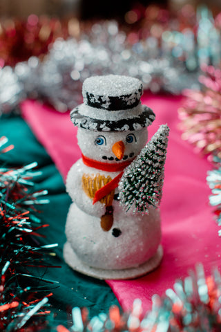 Papier-Mâché Snowman with Broom and Tree